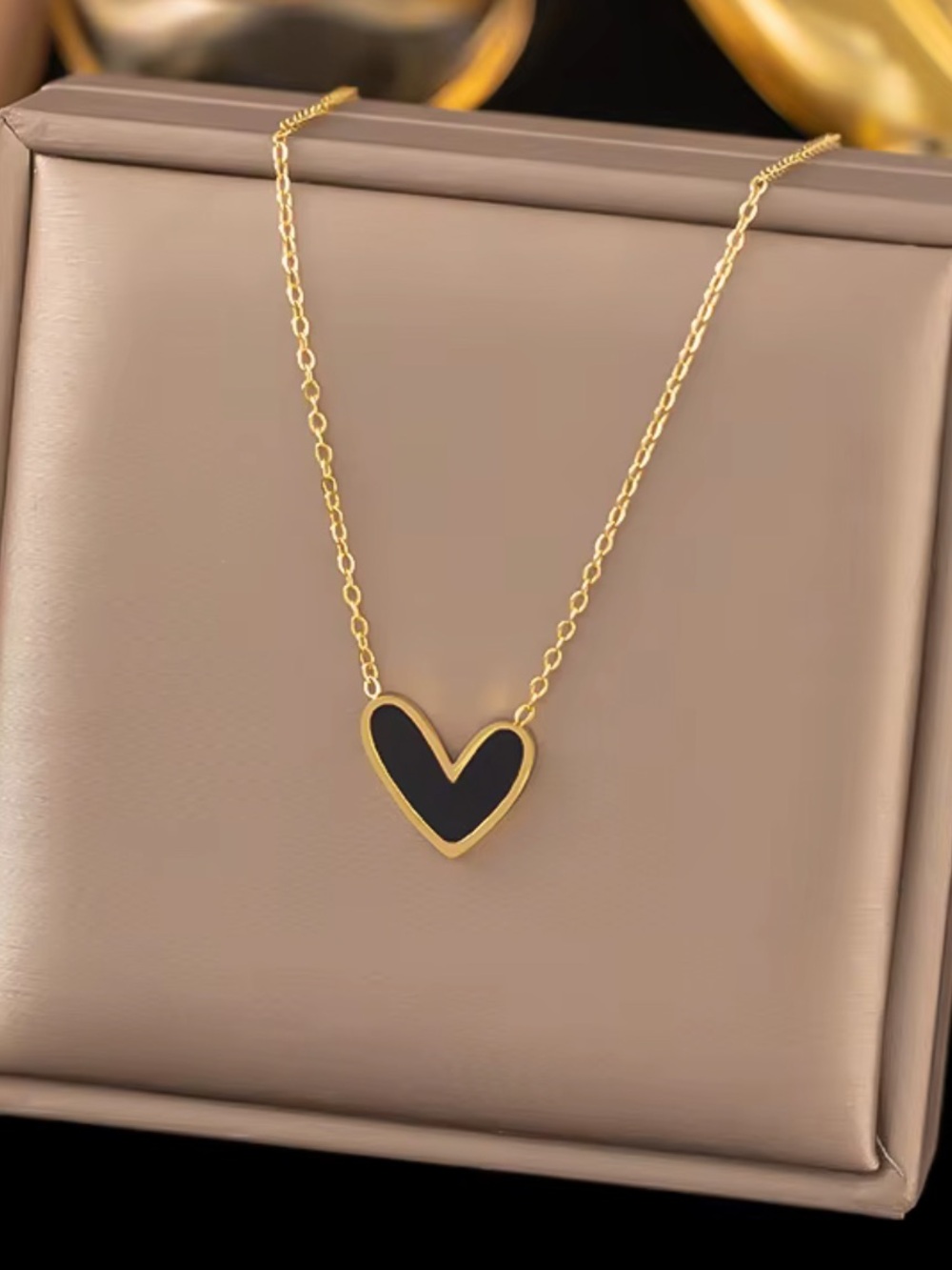 Gold Chain Necklace with Black Heart Pendant - Women Jewelry